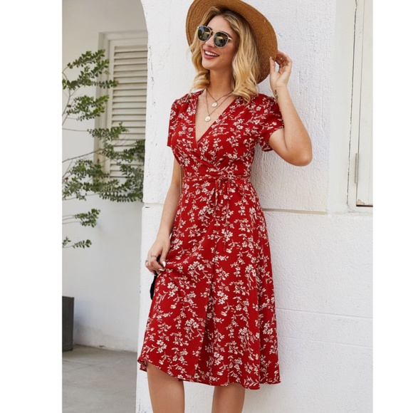 Red Floral Wrap Midi Dress - Picture 6 of 16